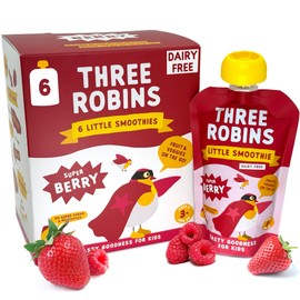 Three Robins Super Berry Little Smoothies, Dairy-Free Oat Milk & Berry Blend with Hidden Veggies, Added Vitamins & Minerals, No Added Sugar, 6 x 100g Resealable Pouches, Kids Snack