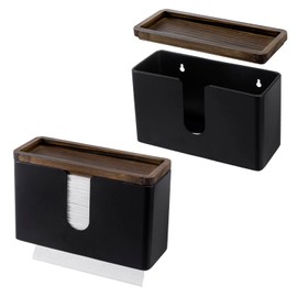 MyGift Wall Mounted Deluxe Black Metal Folded Commercial Paper Towel Holders with Burnt Solid Wood Tray Lids, Hanging Trifold Multifold Z Fold Disposable Napkin Dispensers, 11 & 10 Inch, 2 Piece Set