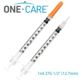 ONE-CARE Syringes 1ml/cc, 27G x 1/2"(12.7mm), Orange Cap, 10pcc/bag.