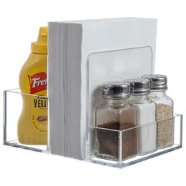 MyGift Premium Clear Acrylic All-In-One Napkin Holder and Salt & Pepper Condiment Server Caddy, Dining Tabletop Seasoning Jar Rack with 3 Salt and Pepper Shakers, 4 Piece Set