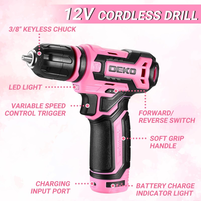Pink Tool Kit Box Drill Set：DEKOPRO Home Mechanic Toolbox with