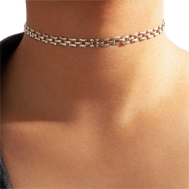 Zeshimb Silver Chain Choker Necklace Dainty Chunky Necklace Simple Geometric Chain Necklace Minimalist Table Chain Necklace Silver Plated Clavicle Necklace Jewelry for Women Girls