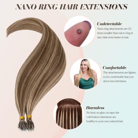 Benehair Nano Beads Hair Extensions #4/27 Medium Brown Mix Dark Blonde Invisible Remy Straight Real Human 18 Inches (35g) Nano Loop Hair Extensions 50 Strands