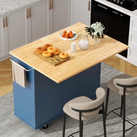 Shintenchi Kitchen Island with Folding Drop Leaf, Rolling Island Table with Storage, Kitchen Cabinet on Wheels with Seating Area for Kitchen, Bar Cart with Cabinet, Blue