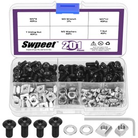 Swpeet 201Pcs M5 T-Nuts Screws Kit with Hex Socket Button Head Cap Screws Bolts, T Nuts, T Sliding Nuts, Washers, Wrench Kit, Socket Head Screws, T Nut Tee Sliding Nut for 2020 Series Aluminum