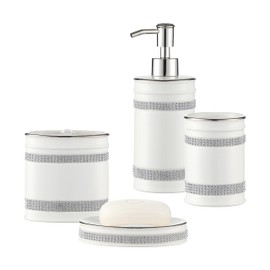 Motifeur Bathroom Accessories Set, 4-Piece Ceramic Bath Accessory Complete Set with Lotion Dispenser/Soap Pump, Tumbler, Soap Dish and Toothbrush Holder (Rhinestones, White)