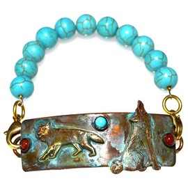 Elaine Coyne Collectible Artwear Verdigris Patina Brass Tri Stone Wolf Rockband - Jasper and Turquoise (7.5)