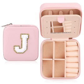 BOXOB Letter Jewelry Box Travel, Portable Mini Alphabet Travel Case PU Leather Small Organizer Pink with Exquisite for Women Girls Essentials (Letter J) (Y03016-41)