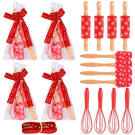 4sets Christmas Mini Bake Gift Sets Includes Silicone Spatula, Whisk, Rolling Pin, Cellophane Bags and Ribbons, Xmas Baking Tools for Family Cooking Supplies Christmas Stocking Stuffers