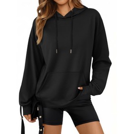 Trendy Queen Womens Fall Fashion T Shirts Basic Drawstring Pullover Loose Fit Hoodies Winter Clothes with Pocket Black 2XL