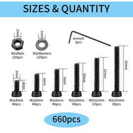 660 Piece M2 Screws Set, M2 Screws Nuts and Washers Assortment Kit, Cylinder Screws with Hexagon Socket Screws Set, Threaded Screws Hex Screws Machine Screws Set