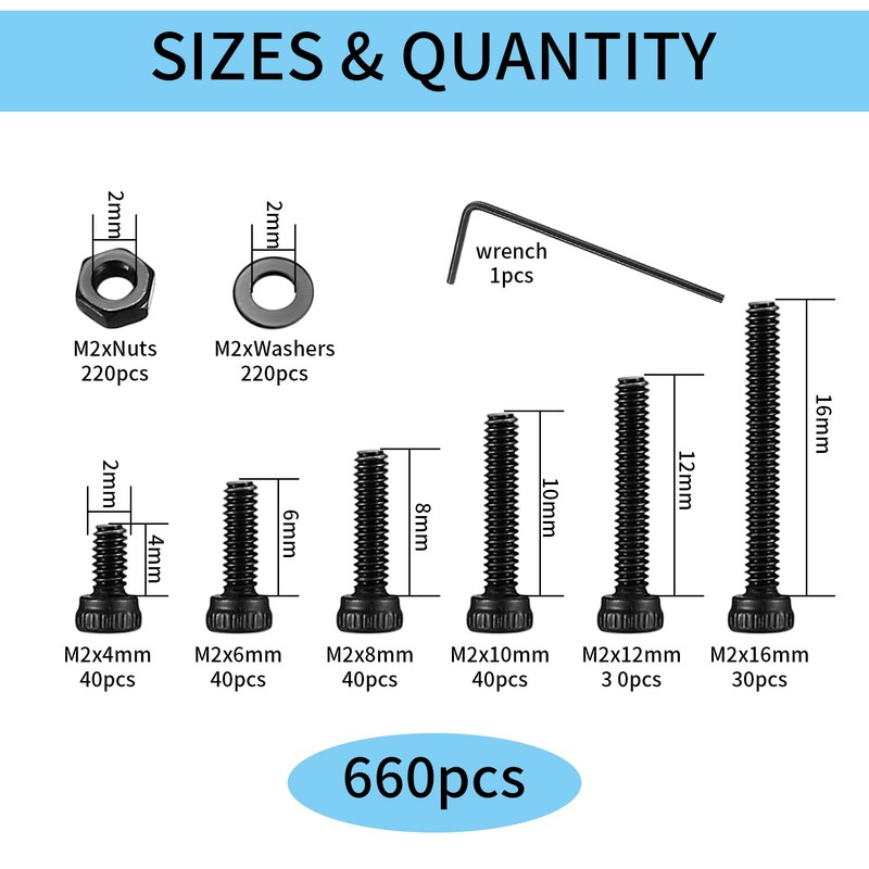 660 Piece M2 Screws Set, M2 Screws Nuts and Washers