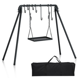 RELIANCER Grill Swing,Campfire Grill Cooking Stand w/8 Hooks & Storage Bag,Cast Iron BBQ Party Swing Grilling Cooking Rack,Outdoor Picnic Camping Cookware Hanging Rack,Collapsible Bonfire Barbecue Set
