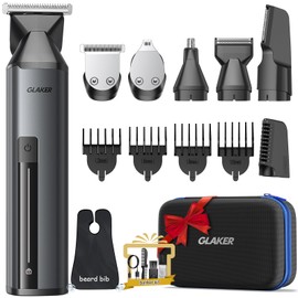 GLAKER Beard Trimmer for Men - Waterproof 6 in 1 Complete Grooming Kits for Mustache Nose Ear Facial Body Hair Trimming, Mens Cordless Hair Clippers and Shavers with Storage Bag and Beard Bib Apron