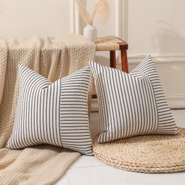 Hckot Black and Beige Patchwork Farmhouse Throw Pillows Covers 18 x 18 Inch, Pack of 2 Striped Decorative Pillow Case for Sofa Couch Bed Chair Modern Boho Decor(Black)