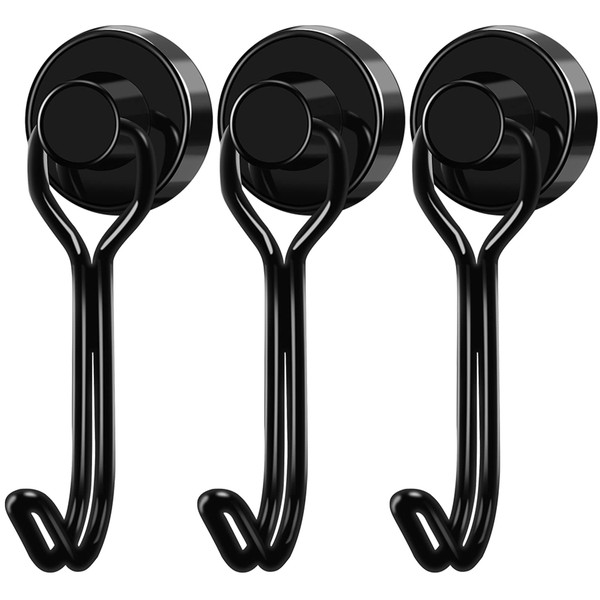 LOVIMAG Black Magnet Hooks, 25LBS Swivel Magnetic Hooks for Hanging, Strong Magnetic Hooks Cruise for Hanging, Cruise Cabins, Grill, Refrigerator, Kitchen, Door, Locker, Key and Calendar - Pack of 3