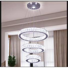 Finktonglan 3-Ring Crystal LED Chandelier, Cool White 6500K, 52W Integrated, Adjustable Height & Shapes, K9 Crystal & Stainless Steel Pendant Light for Dining Living Room Foyer, Non-Dimmable