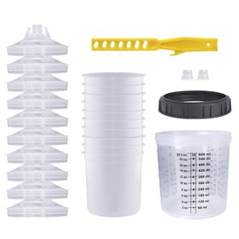 Disposable Paint Sprayer Mixing Cup for Automotive Paint Gun, HVLP Paint Spray Paint Gun 20 Ounce (600ml) Kit with 10 Cups and Lids System, 1 Hard Cup with Retainer Ring and 2 Plugs