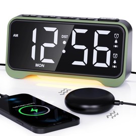 ROCAM Vibrating Alarm Clock for Heavy Sleepers with Powerful Bed Shaker, Loud Alarm Clock with Loud Speaker, Dual Alarm, 5 Dimmer, 5 Volumes, Snooze, Power-Off Memory, 12/24H, Week Display