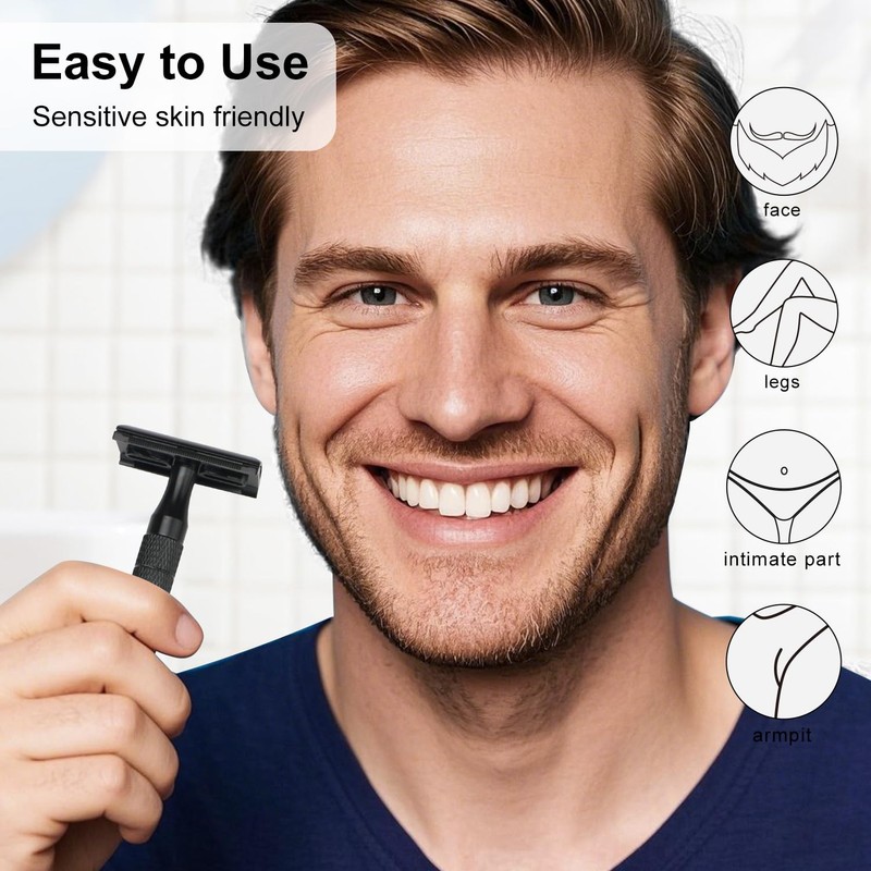 Matte Black Double Edge Safety Razor with Stand, Single Blade