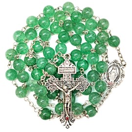Rosary Beads Chaplet Green Natural Crystal Rosery Cross Catholic gifts (Green)