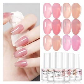 SAVILAND- Esmalte de uñas en gel Saviland Jelly, kit de esmalte de uñas en gel Sheer Milky Pink Nudes con luz UV LED