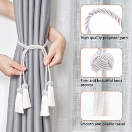 NICEEC 2 Pack Double-Ended Tassel Curtain Tiebacks Handmade Braided Rope Knot Drapery Holdbacks European Style Decorative Curtain Tie Backs for Home & Office Window Drapes (White)