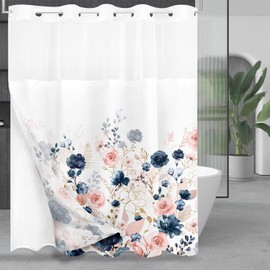 Tititex No Hooks Snap in Liner Aesthetic Navy Pink Rose Floral Shower Curtain Sets, Hotel Luxury Double Layers Waterproof Fabric & See-Through Top Window Bathroom Decorative 72x72 Inch