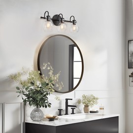 GEPOW Bathroom Wall Light Fixtures, 3-Light Black Glass Vanity Light, Modern Farmhouse Wall Lamp Over Mirror for Hallway, Bedroom, Kitchen, and Living Room