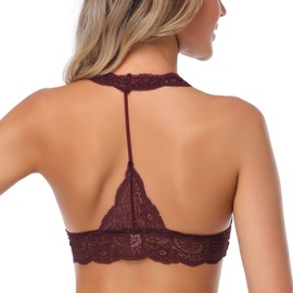 SHEKINI Women Floral Lace Plunge Wireless Lightly Halter Bra Racerback Bralette (Medium, Burgundy)