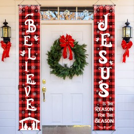 Tiamon Christmas Front Porch Banners Winter Religious Nativity Scene Sign Holiday Hanging Banner Xmas Decoration for Front Door Believe Jesus Is the Reason for the Season 12 x 71 Inch (Buffalo Plaid)