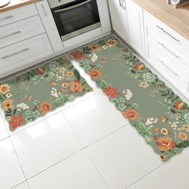 Teenyyou Boho Floral Kitchen Rugs Sets of 2 Scalloped Runner Rug 2 x 6 ft Washable Non Slip Door Mats Spring Flower Kitchen Mats for Kitchen Decor Floor Entryway Laundry Bathroom Bedroom