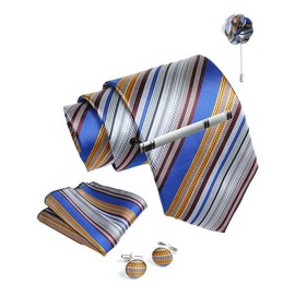 AXLON Blue Gold Striped Ties For Men – Tie Set With Pocket Square Cufflinks Tie Clip Bar & Flower Brooch Pin For Mens (Pack of 5) (AXTS61)