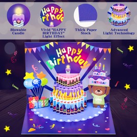 VEEYOL Happy Birthday Cards, 3D Pop Up Music Birthday Cards with Light, Blow Out LED Light Candle, Birthday Gifts for Women, Men, Mom, Kids, Girls