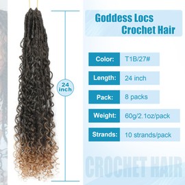 IIFLYDSFA Boho Faux Locs Crochet Hair 24 Inch 8 Packs Goddess Locs Crochet Hair with Curly Ends Ombre Honey Blonde T1B/27# Pre-looped Bohemian River Locs Hair for Women