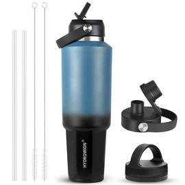 HYDROWION 40 oz Insulated Water Bottle, Car Water Bottle Holder - Double Wall Vacuum Insulated Travel Bottle with Straw Lid, Spout Lid and Flex Cap - Cold for 24H, Hot for 12H, Blue - Black