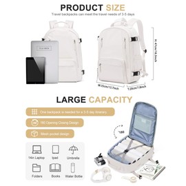 Travel Backpack for Women Men, Waterproof Carry on Backpack for Flight Approved Personal Item Bag, Business Laptop Backpack with USB Charging for Hiking Gym with Shoe Compartment Casual Daypack White