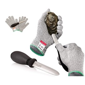 Rockland Guard Professional Oyster Shucking Knife Set - Includes 3.5" Stainless Steel Oyster Shucker with Non-Slip Handle & Bent Tip, Kitchen Cutting Gloves - Food-Grade, Dishwasher-Safe Seafood Tools Set - Small