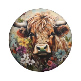 Spare Tire Cover Highland Cow Graffiti Floral Western Farm Tire Cover 16 Inch Wheel Covers for Rv Trailer Jeep SUV Truck Camper Vehicles Dust-Proof Waterproof Tire Protectors