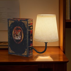 Vintage Bookshelf Lamp Rechargeable, Cordless Book Lamp with Linen Shade, Dimmable Touch Control Table Lamp, Modern Decorative Bookend, Bookshelf Lights for Office Home, Library, Study
