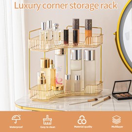 Corner Bathroom Counter Organizer, Perfume Tray and Vanity Organizer, Multi-Purpose Makeup Cosmetic Storage, Large Corner Storage Organizers for Bathroom kitchen, Vanity Organizer (Amber,2-Tier)