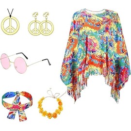 LEGQYJK Women's Hippie Costume, 60s 70s Clothing Women's Hippie Poncho Set, Fancy Dress Costumes, Women's Hippie Fancy Dress, Carnival Costume, Women's Hippie Costume, Women's Hippie Clothing,