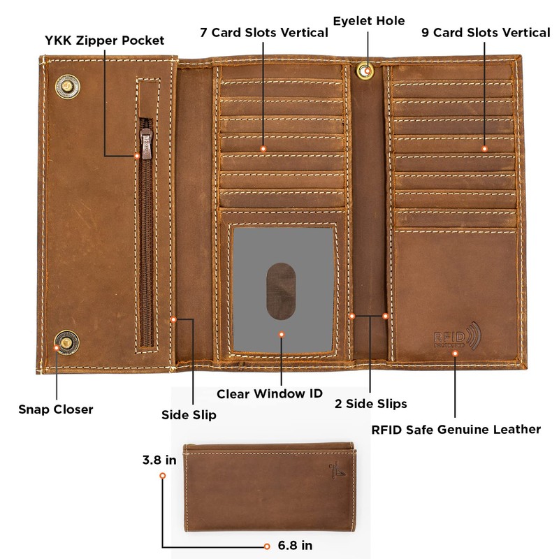 Genuine Leather Long Wallet for Men, Trifold & Checkbook, RFID