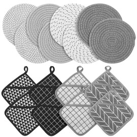 16 Pieces Square Pot Holders Washable Heat Resistant Pocket Mitt with Hanging Loop and Round Thread Weave Coaster Braided Drink Hot Pad Absorbent Woven Coaster for Kitchen Cooking Dinning