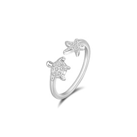 SILBERTALE Silver Starfish & Turtle Ring for Women S925 Sterling Silver Adjustable Open Ring Beach Jewelry Stackable Summer Ring
