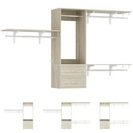 iSunirm Wood Closet System, 4-8ft Closet Organizer System with 2 Wooden Drawers, Walk-in Wardrobe Clothes Rack with 4 Hanging Rods for Bedroom,Living Room, White Oak