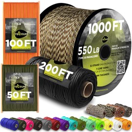 TECEUM Paracord Type III 550 Black –100 ft – 4mm – Tactical Rope MIL-SPEC – Outdoor para Cord –Camping Hiking Fishing Gear and Equipment EDC Parachute Cord Strong Survival Utility Rope 016