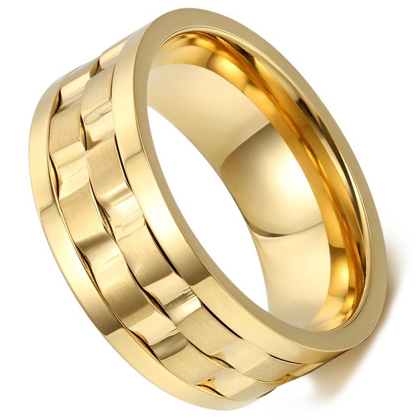 Flongo 9 mm Stainless Steel Ring Band Gold Golden Engraved