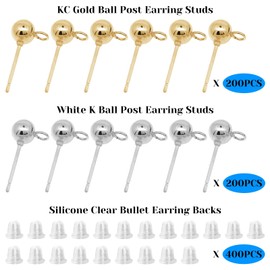 800Pcs Earring Studs for Jewelry Making,400Pcs Hypoallergenic Ball Post Earring Studs with 400Pcs Silicone Clear Ear Backs Earring Posts for Jewelry Findings Earring Making Supplies(KC Gold, White K)