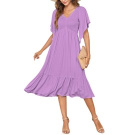 PYGFEMR Women's 2024 Summer Dresses Empire Waist Smocked Flutter Short Sleeve V Neck Midi Dresses Mauve XL